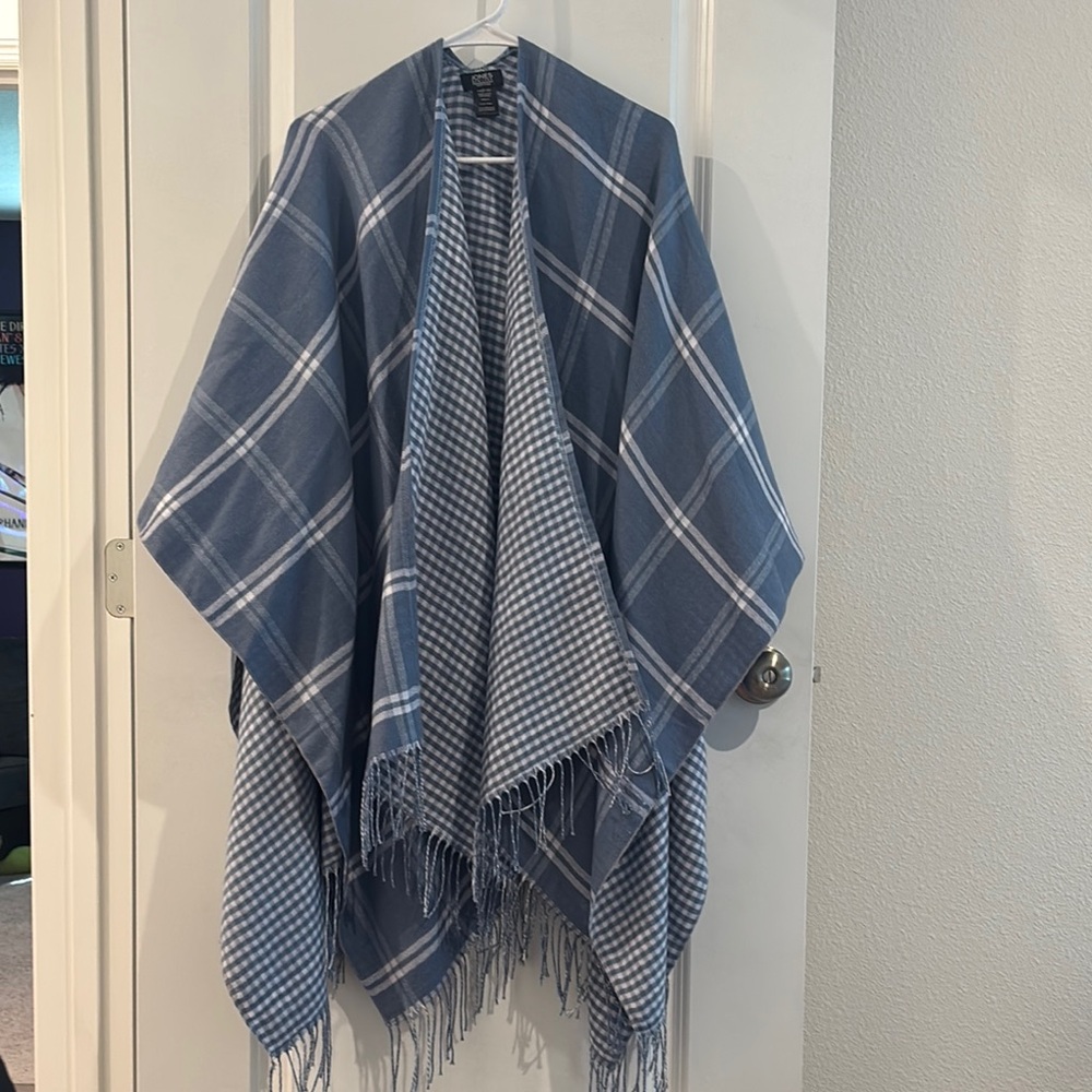 JONES New York Blue Plaid Fringe Shawl